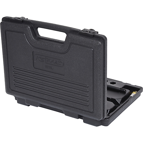 Schwarzer Werkzeugkoffer, geöffnet, mit Griff und KS TOOLS Logo.